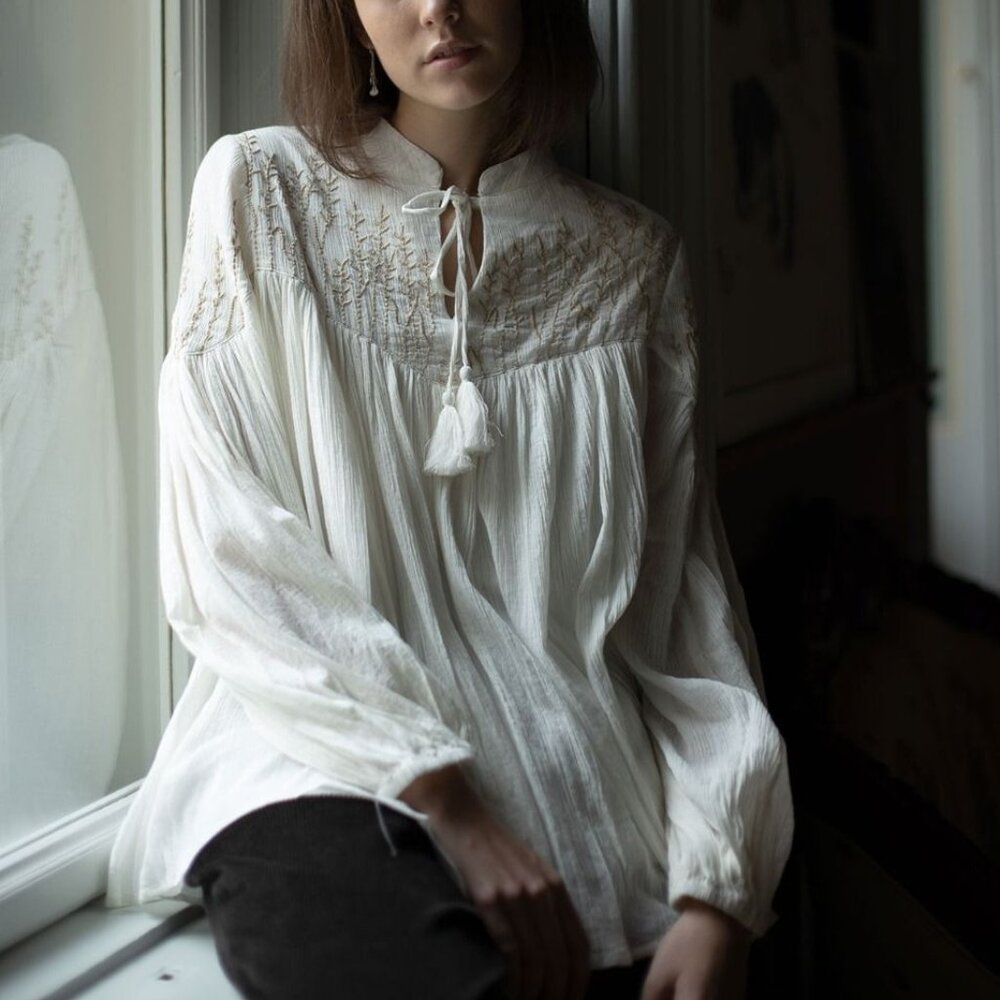 Voriagh Marla Embroidered Cotton Crepe Blouse Cream